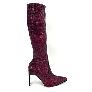 CASADEI Purple Snakeskin Print Stretch Wide Heel Square Pointed Toe Boots 7.5